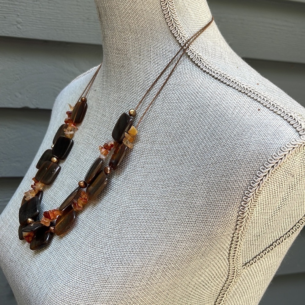 VINTAGE Necklace Brown Square Beads with Amber Colored Beads and Copper 25”- 30” - Picture 5 of 8